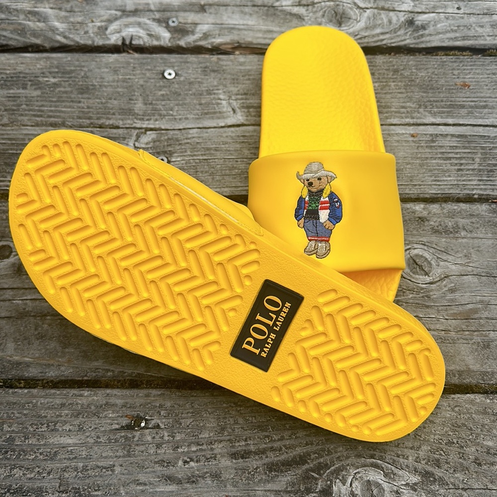 🆕Polo Ralph Lauren Bear with cowboy hat 🤠 Slides Yellow size 9 NWOT - Picture 3 of 3